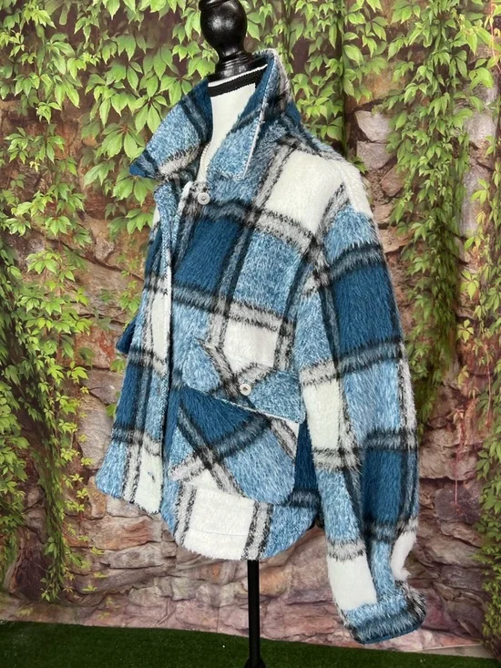 ZARA Blue and White Shaggy Plaid Button Front Casual Jacket, L - Picture 4 of 11